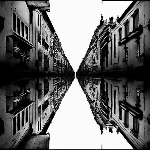 Image similar to street view of an upside-down city, ominous, creepy, eerie, liminal, scary, horror, nightmare::dark, night, dark horror buildings, upside-down, raining heavily, storming, dilapidated