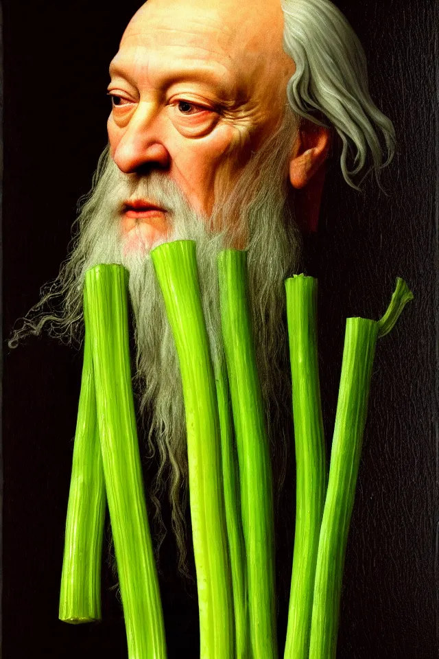 Image similar to bizarre renaissance portrait of dumbledore as a highly detailed celery stick, dramatic cinematic lighting, 8 k, beautiful intricate painting