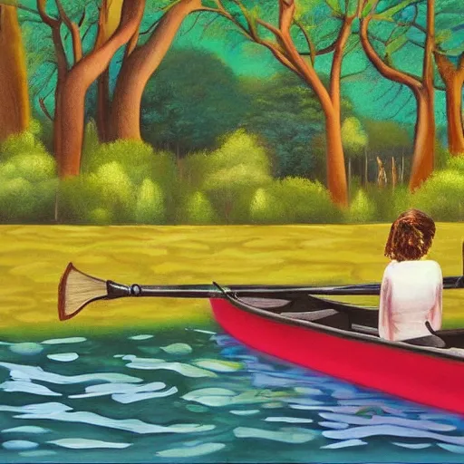 Prompt: surreal painting of a woman and a monster sitting together rowing a boat in central park