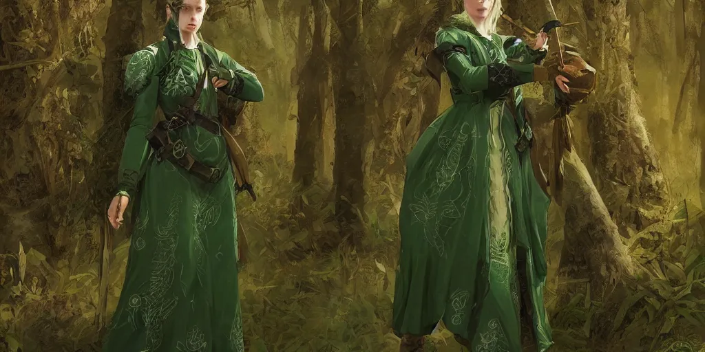 Prompt: a single medieval forest ranger rpg female, dnd, green patterned clothes with stitched magical symbols, by bayard wu