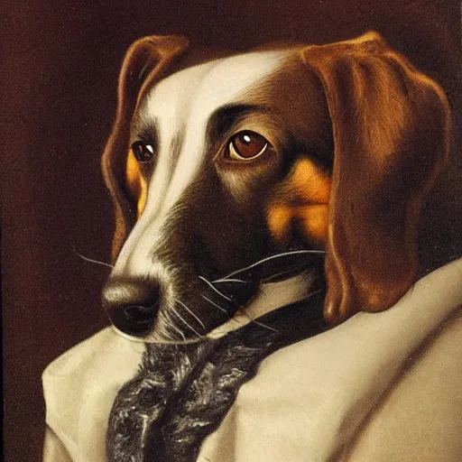 Prompt: A dog, Portrait artwork René Descartes