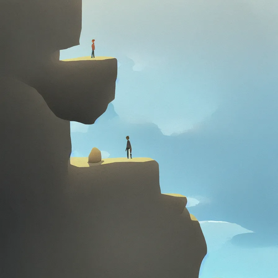 Image similar to Image from afar, man looking from the top of a large rock cliff, the sea hits the large stones hard, the clouds let through subtle rays of light, ilustration art by Goro Fujita