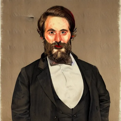 Prompt: Portrait of a handsome man with thick mutton chops. shaved chin, wearing a suit. colorful necktie, pale white face, long messy hair, long hair, ((red)) baggy eyes, tired eyes, tired face, disco smile, watercolor, brushstrokes, high detail, artstation, medium detail, by Ilya Repin and Dave McKean