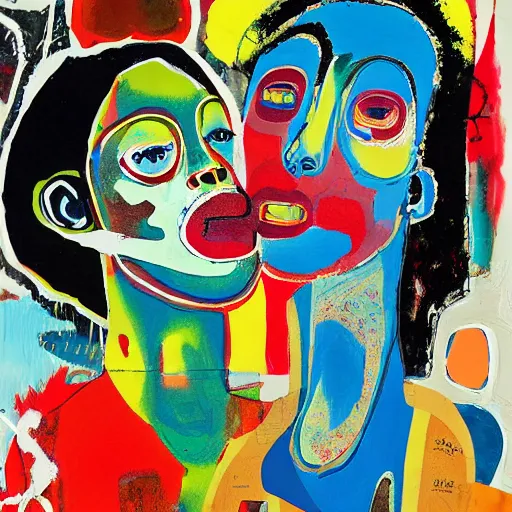 Image similar to acrylic painting of two bizarre psychedelic women kissing in japan in winter, speculative evolution, mixed media collage by basquiat and jackson pollock, maximalist magazine collage art, sapphic art, psychedelic illustration