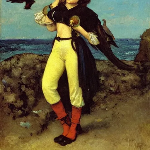 Prompt: female pirate with many parrots. Oil painting by Gustave Courbet, Jules Breton, Jean-François Millet, Émile Friant