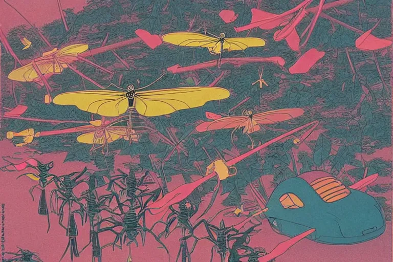 Prompt: gigantic dragonflies catch tiny cars, a lot of exotic mechas robots around, heads are all over the ground, acid and dreaming psychedelic hallucinations, risograph by kawase hasui, dirtyrobot, edward hopper, satoshi kon and moebius, colorful flat surreal design, super - detailed, a lot of tiny details, fullshot