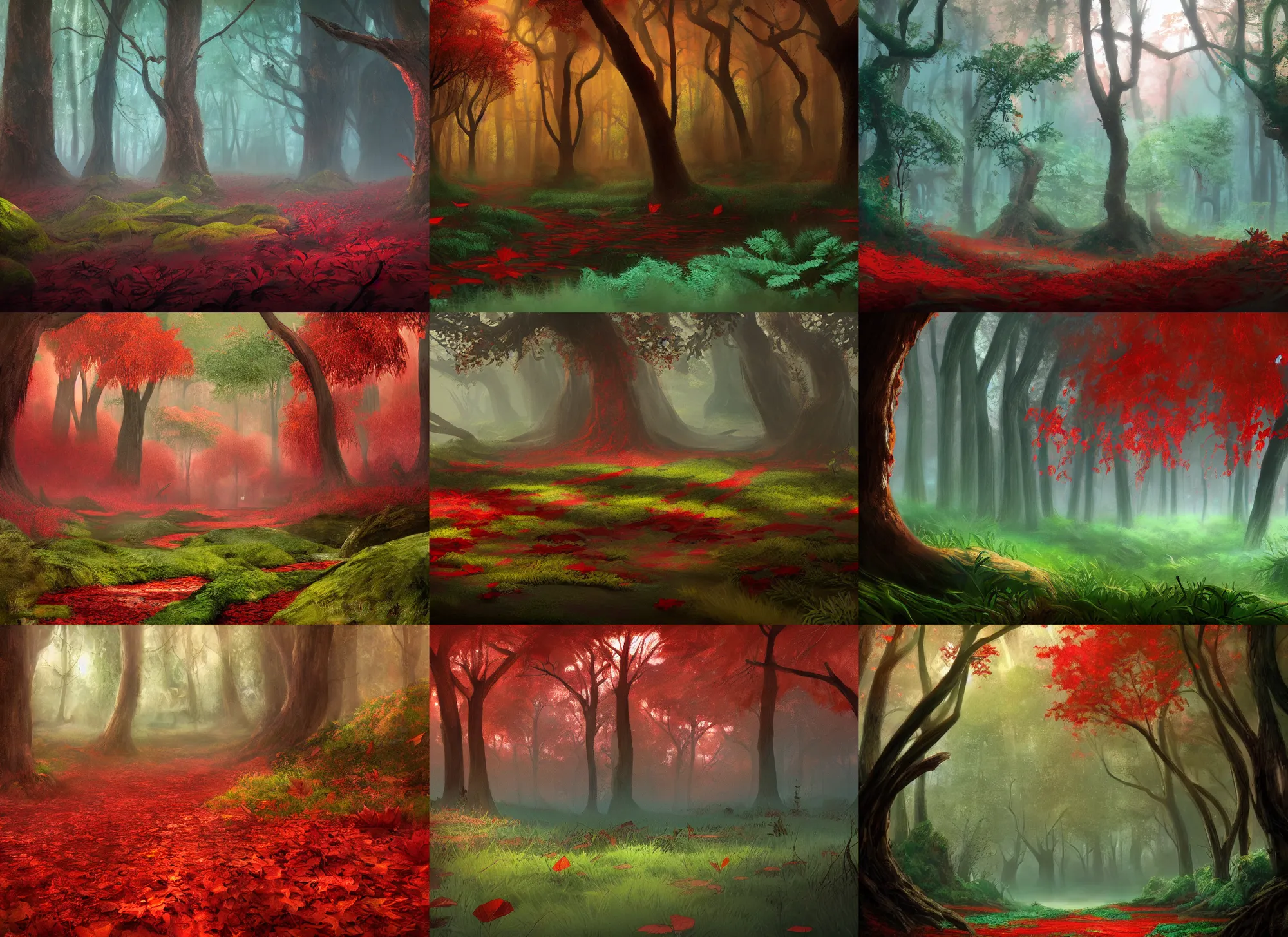 Prompt: forest with red soil and teal leaves, lush, atmospheric, award winning fantasy concept art, trending on artstation
