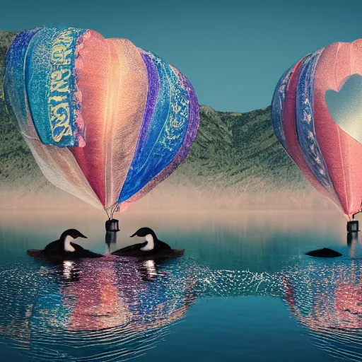 Image similar to photo of two black swans swimming in a beautiful reflective mountain lake, touching heads, forming a heart with their necks, a colorful hot air balloon is flying above the swans, hot air balloon, intricate, portrait, 8k highly professionally detailed, HDR, CGsociety, octane render, 4k