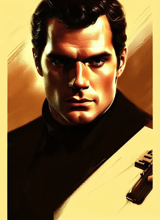 Image similar to portrait of henry cavill as james bond, highly detailed, digital painting, artstation, concept art, cinematic lighting, sharp focus, illustration, art by artgerm and greg rutkowski and alphonse mucha