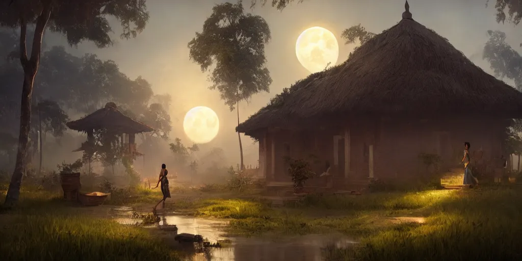 Prompt: moonlit kerala village, sharp focus, wide shot, trending on ArtStation, masterpiece, by Greg Rutkowski, by Ross Tran, by Fenghua Zhong, octane, soft render, ultrarealistic, colorful, cinematic, shadow of the tomb rider
