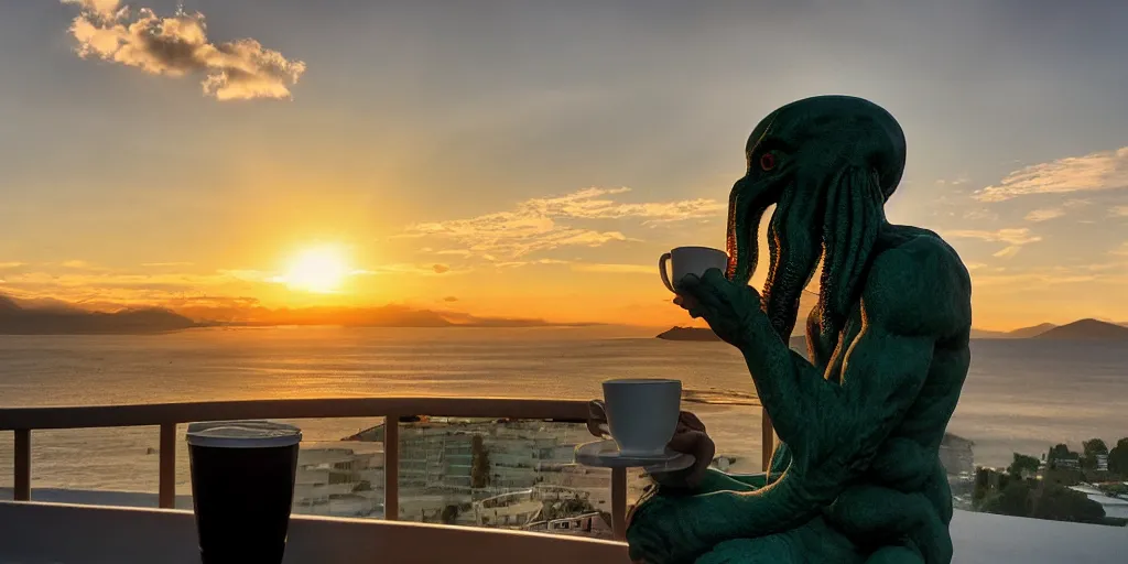 Image similar to cthulhu drinking his coffee while sitting on the balcony, sunset background, golden hour