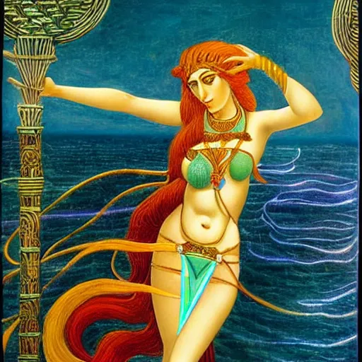 Image similar to sumerian goddess inanna ishtar, ashteroth, techno mystic goddess princess intergalactica, with aqua neon rapunzel dreadlocks, detailed, wearing seashell attire, crystal pathway to atlantis floating on the sea, by sandro botticelli