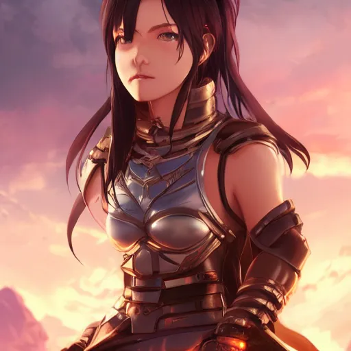 Image similar to a female warrior, character art portrait, anime key visual, official media, illustrated by wlop, extremely detailed, 8 k, trending on artstation, cinematic lighting, beautiful