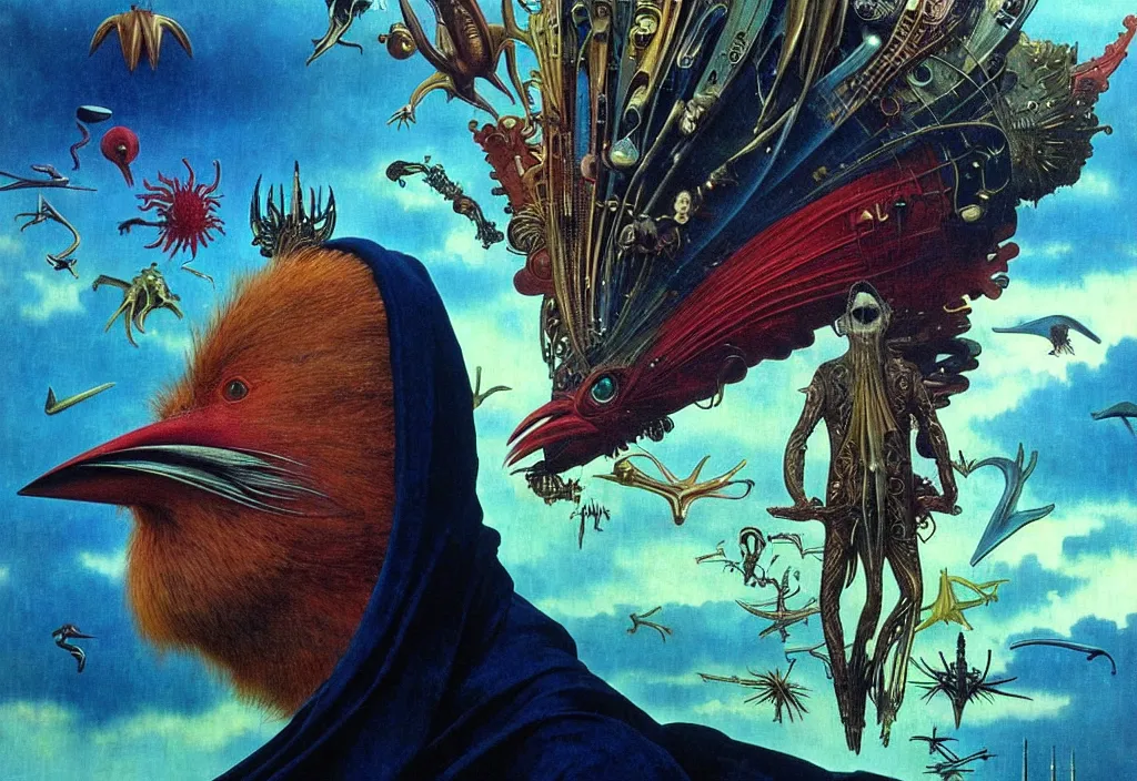 Image similar to realistic detailed portrait movie shot of a birdman wearing black robes, sci fi city landscape background by denis villeneuve, amano, yves tanguy, alphonse mucha, ernst haeckel, max ernst, roger dean, masterpiece, rich moody colours, snarling dog teeth, blue eyes