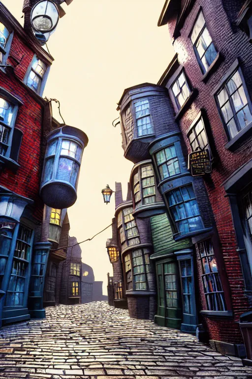 Image similar to a beautiful linocut print of diagon alley, 8 k, frostbite 3 engine, cryengine, dof, trending on artstation, digital art, crepuscular ray, art by fossi _ images and tugboat printshop