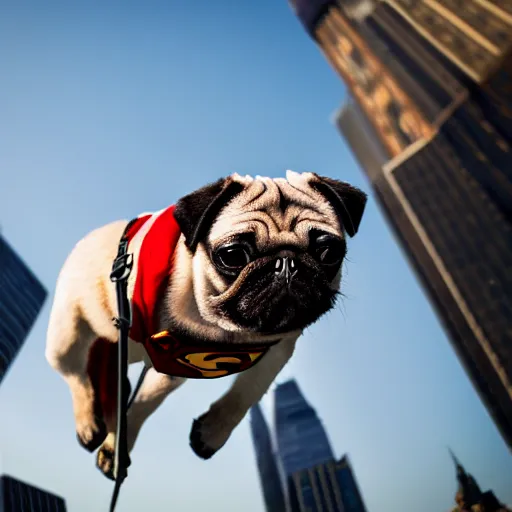 Image similar to A high quality action photo of a pug with old school brown pilot goggles flying like superman towards the camera, high above NYC, motion blur, high detail, zoomed in, fish eye lense