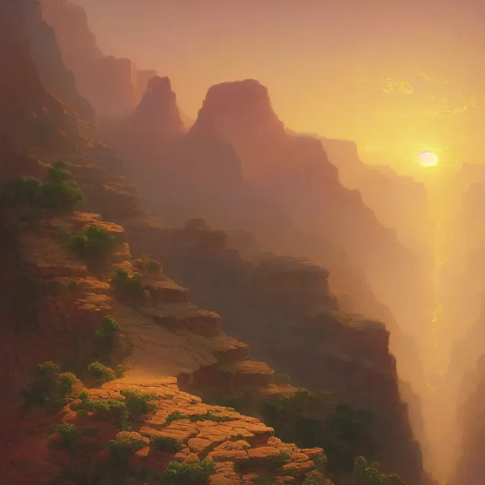 Prompt: a beautiful painting of a grand canyon, sunset by ivan aivazovsky and rhads and greg rutkowski and james gurney, in style of digital art. hyper detailed, sharp focus, soft light. octane render. ray tracing. trending on artstation