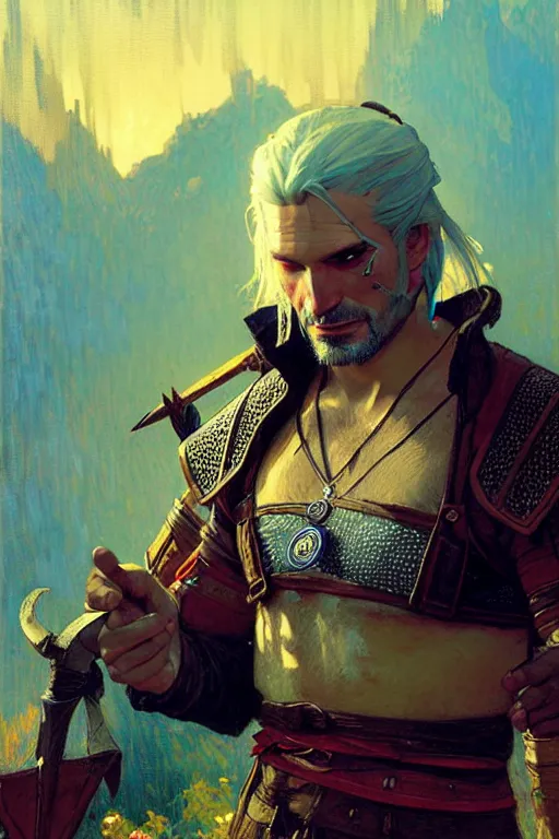 Image similar to attractive man, witcher, cool colors, painting by gaston bussiere, craig mullins, greg rutkowski, alphonse mucha