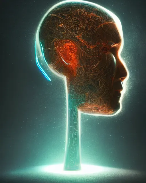 Image similar to the most amazing dream you ever had about male head artificial intelligence singularity, moebius, hyper realistic, concept art, intricate, hyper detailed, smooth, jim lee, high contrast, neon, volumetric lighting, octane, raytrace