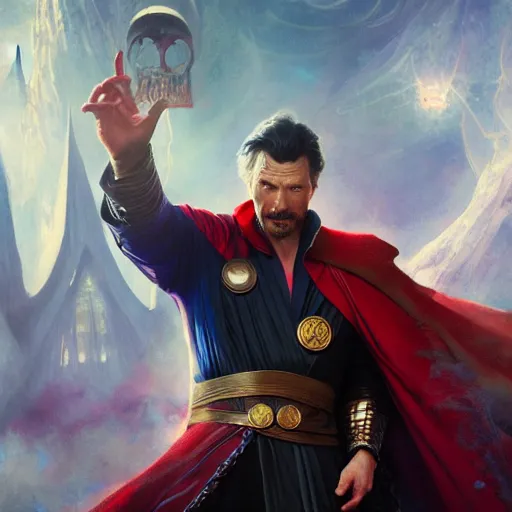 Image similar to dr strange with thor, magical world, by greg rutkowski, sung choi, photo realistic, 8 k, cinematic lighting, hd, atmospheric, hyperdetailed, trending on artstation, devainart, digital painting, glow effect