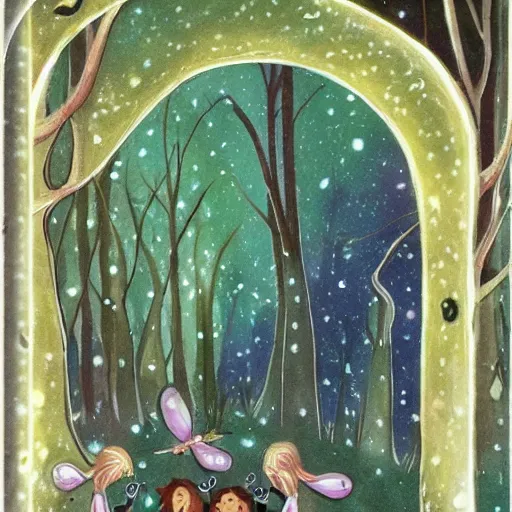 Image similar to a serene forest of faeries, beautiful double crescent moon in the night sky, children\'s book cover