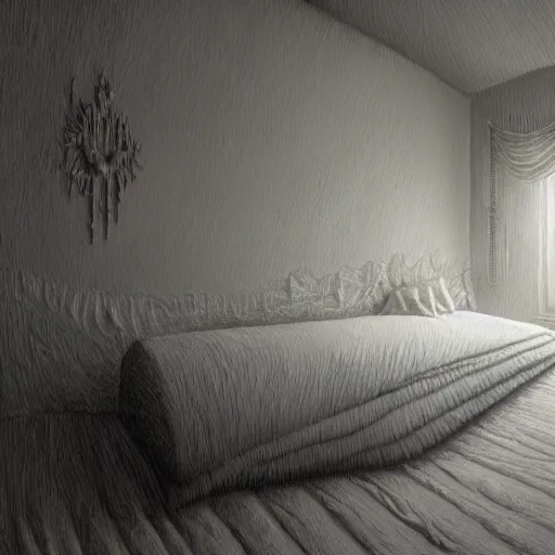 Image similar to illustration oil paint of a place where i can sleep forever in a bed of 1 0 0 0 cotton lines, silk sleep in heave for though eternity is the biggest mystery ever invented, creativity, intricate illustration of peace and faith, high detailed, octane render, volumetric shadows, 8 k, 4 0 mm, iso 1 0 0 wide view, super lens