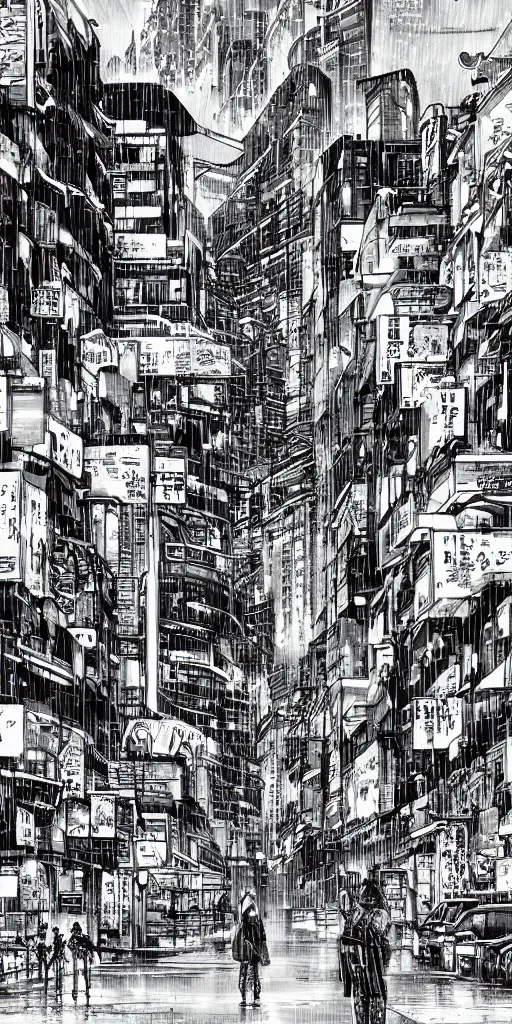 Image similar to manga illustration of poor cyberpunk city, rainy weather, highly detailed,