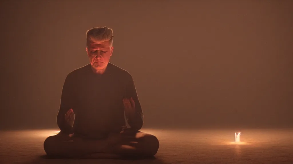 Prompt: movie scene of a man meditating with a glowing third eye, movie still, cinematic composition, cinematic light, by david lynch