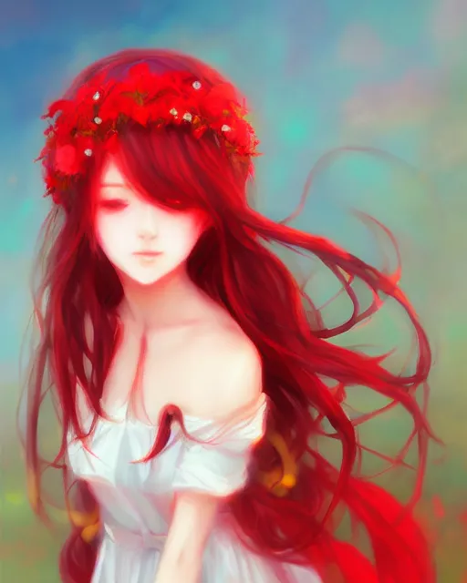 Prompt: the goddess of summer, bust head, red gauze skirt, dreamy, beautiful, by wlop