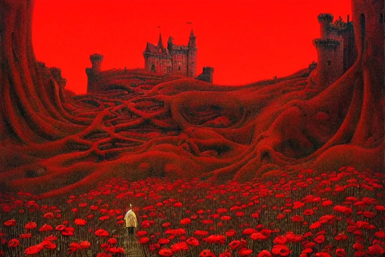 Image similar to only with red, red flowers, a red tiger, a castle in the background, medieval demons, an ancient path, in the style of beksinski, part by hopper, part by rodcenko, part by hofbauer, intricate composition, red by caravaggio, insanely quality, highly detailed, masterpiece, red light, artstation