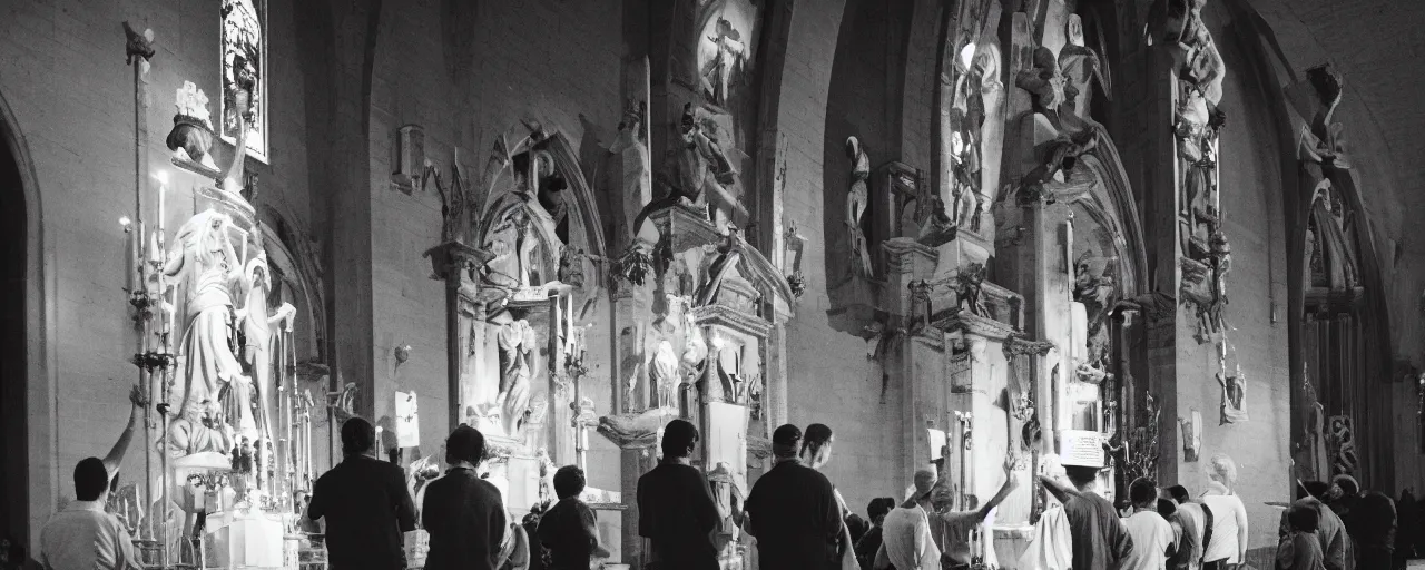 Image similar to people praying to a statue of spaghetti inside a church, canon 5 0 mm, cinematic lighting, photography, retro, film, kodachrome, closeup