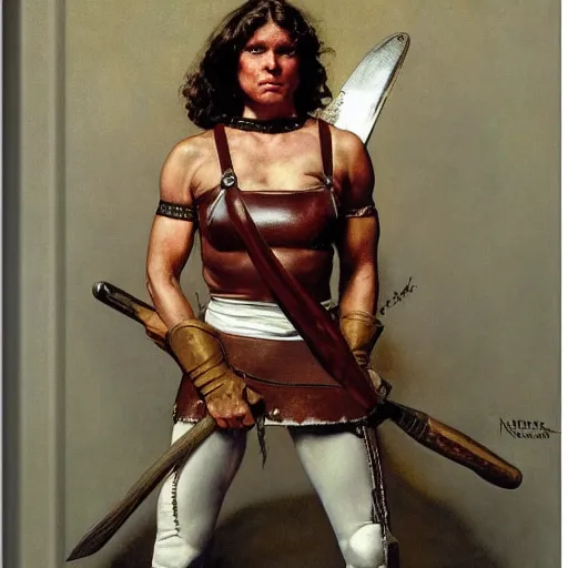 Prompt: portrait of a beautiful savage muscular barbarian female with light leather armor, by norman rockwell