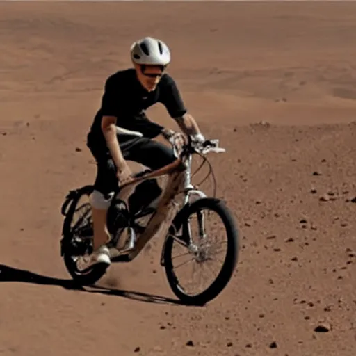 Image similar to justin bieber riding a bike on mars, photograph,