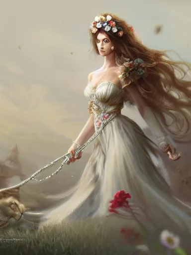 Image similar to a woman, wearing a cute white dress adorned with flowers, dominating a lion. intricate, elegant, highly detailed, digital painting, artstation, concept art, sharp focus, illustration, by justin gerard and artgerm, 8 k