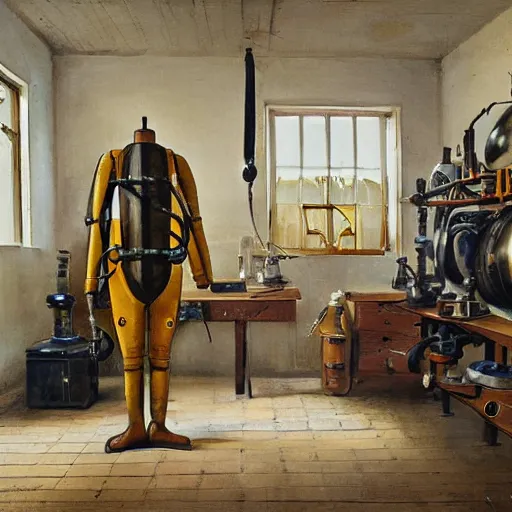 Image similar to workshop of a 1 9 th century diving suit engineer in the style of car spitzweg