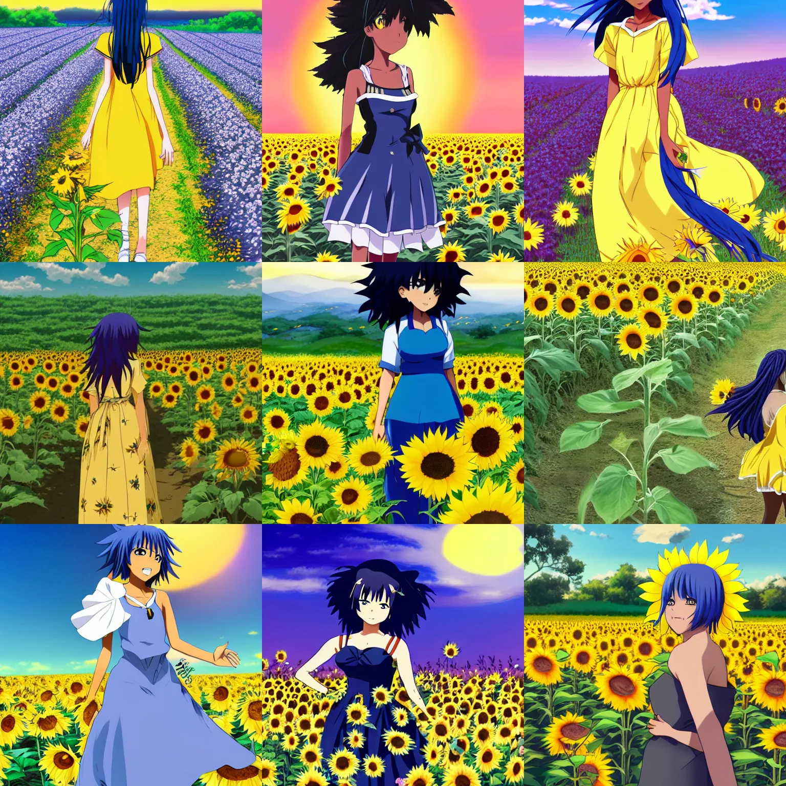 Prompt: Anime visual of a black woman with blue hair and a yellow floral dress walking in a sunflower field during sunset; official media; Natsuki Takaya; Fruits Basket; spring