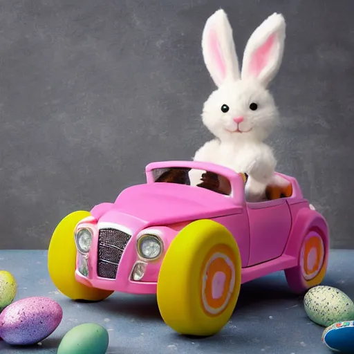 Image similar to easter bunny riding a convertible, studio photo, high quality