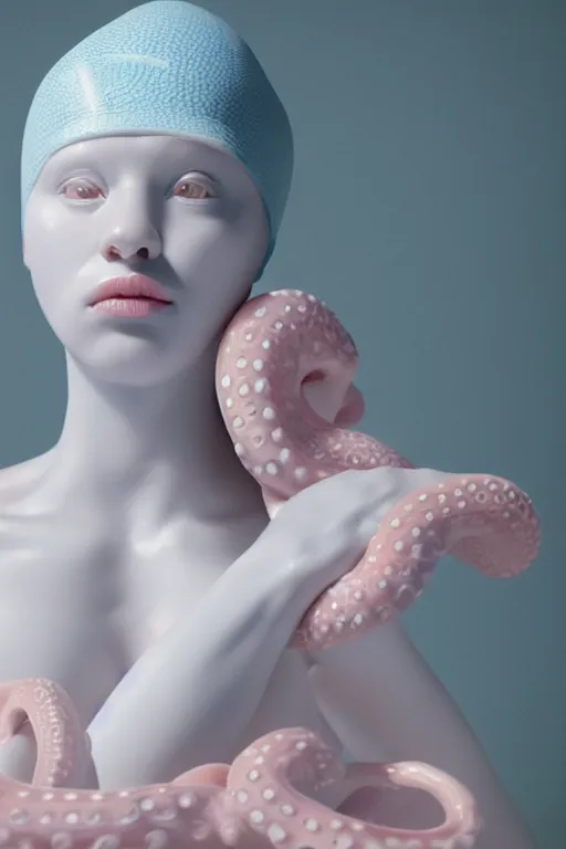 Image similar to full head and shoulders, beautiful porcelain female person, smooth, delicate facial features, big detailed eyes, white lashes, wearing a pale blue swimming cap and pale pink swimming costume, 3 d white large octopus tentacles, standing in a pastel soviet swimming pool, by daniel arsham and james jean