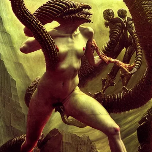 Image similar to still frame from Prometheus movie, Slaanesh succubus godess editorial by wayne barlowe by caravaggio by giger by malczewski