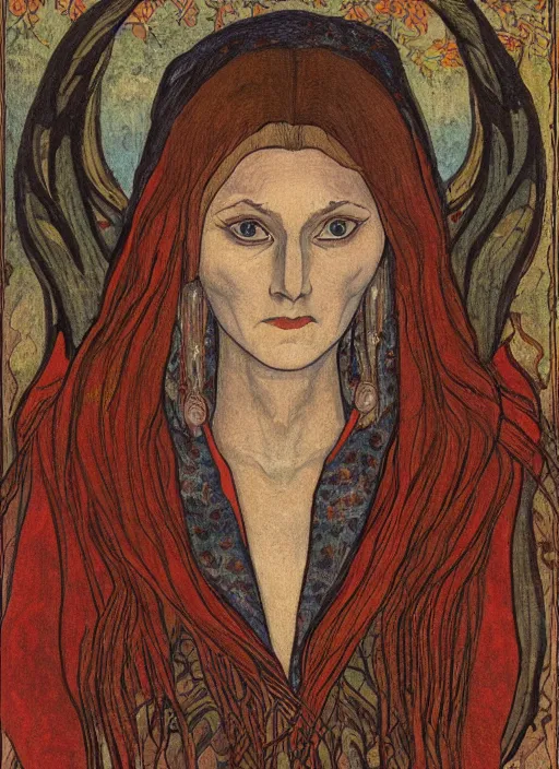 Image similar to portrait of a woman from a scary slavic tale ; ivan bilibin style ; 8 k ; sharp focus