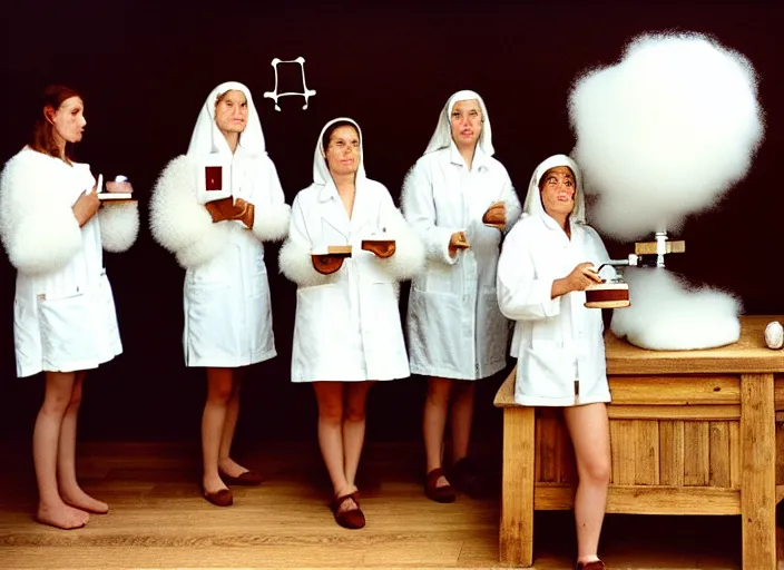 Image similar to realistic photo of a group of medieval female scientists wearing white shorts, beautiful faces covered with white plates, watching at a levitating fluffy furry cloud, in a living room laboratory with many wooden gadgets made of wood interior is made of wood 1 9 9 0, life magazine reportage photo, natural colors