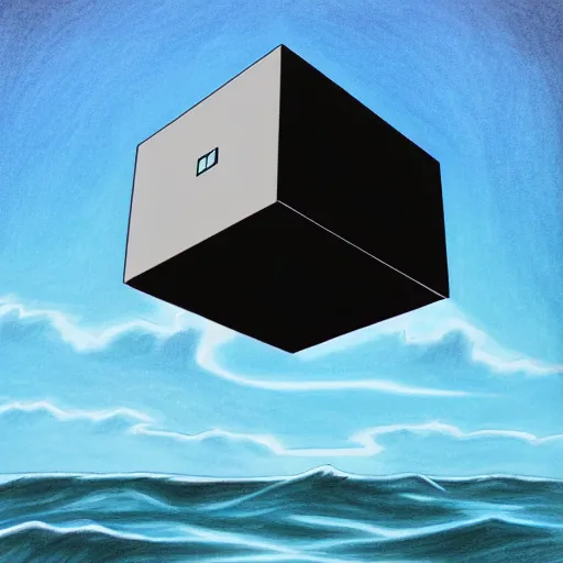 Image similar to a drawing of a black cube floating over the ocean in the style of Marco Tirelli