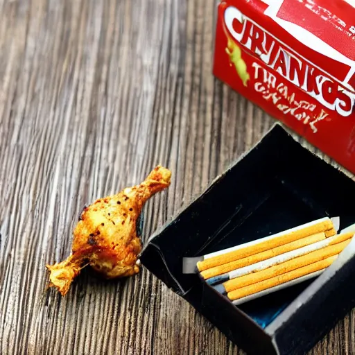 Image similar to a chicken drumstick next to a box of matches