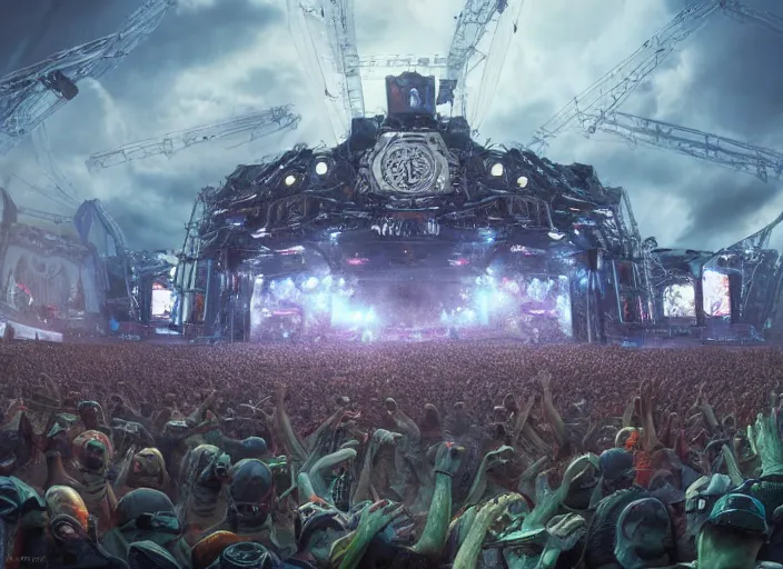 Prompt: ultra realistic, view of the mainstage of defqon 1 music festival in 2 0 5 0 by concept art by james jean, andrei riabovitchev, marc simonetti, yoshitaka amano, artstation, futuristic, octane render, sharp focus cinematic lighting, dramatic perspective, highly detailed, ultra realistic, masterpiece, 4 k, 8 k