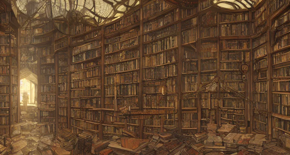 Prompt: endless magepunk book library interior with towering bookshelves by mucha, eugene von guerard, ivan shishkin, dramatic godraylighting, concept art, trending on artstation