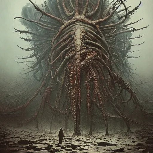 Image similar to an epic horrifying fantastic hyperdetailed 3 d matte painting photo taken with nikon d 7 5 0 an of a decaying eldritch creature partially covered with grafitti art by moebius by zdzisław beksinski by jakub rozalski by nekro