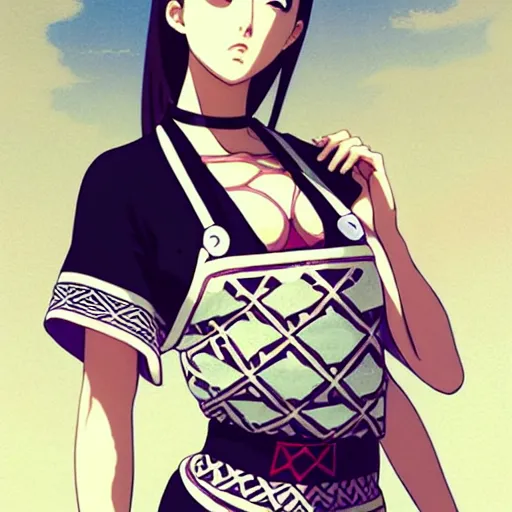 Image similar to a beautiful plus sized model japanese natalie portman, alluring plus sized model, wearing mayan leotard with elegant mayan apron overalls, street fashion hip hop style with mayan patterns, aztec street fashion, gapmoe yandere grimdark, trending on pixiv fanbox, painted by greg rutkowski makoto shinkai takashi takeuchi studio ghibli, akihiko yoshida