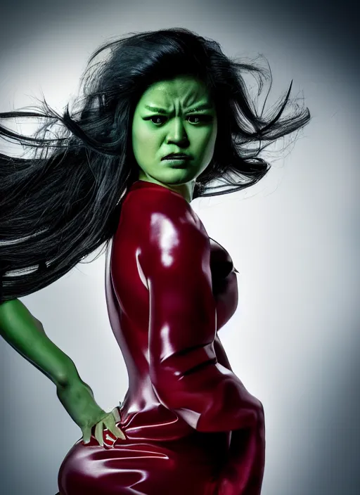 Image similar to a photo of she hulk, dramatic pose, by zhang jingna, dramatic lighting, 7 5 mm lens, sharp focus.