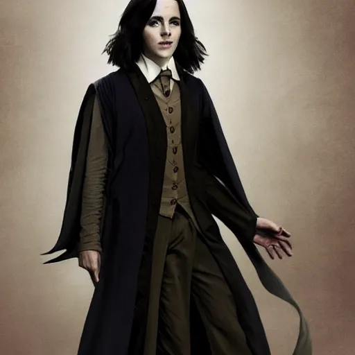 Image similar to Emma Watson as Professor Severus Snape, full body shot