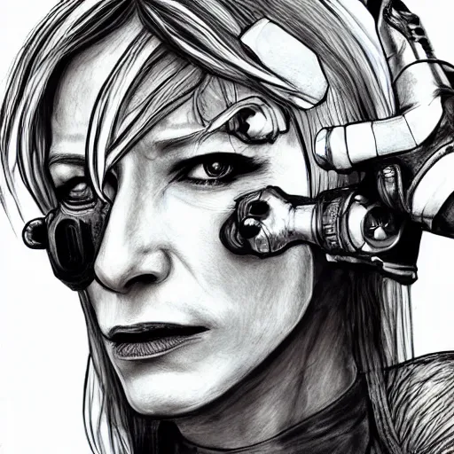 Image similar to cyborg cate blanchett, anime,drawing ,cyberpunk